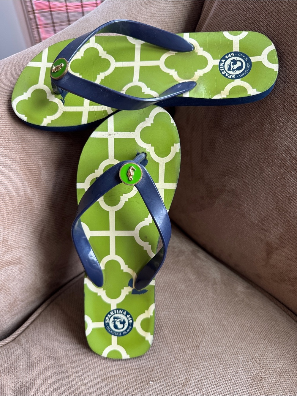 Spartina 449 Lime Green and Navy Trellis Flip Flops